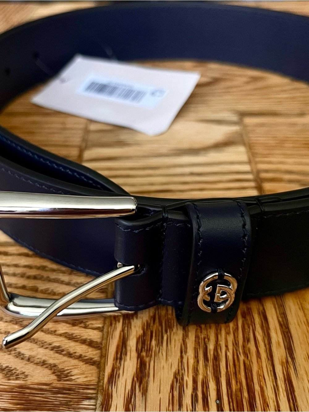 💯 GUCCI Men's Navy Leather Belt with silver  Double-G Logo Accent